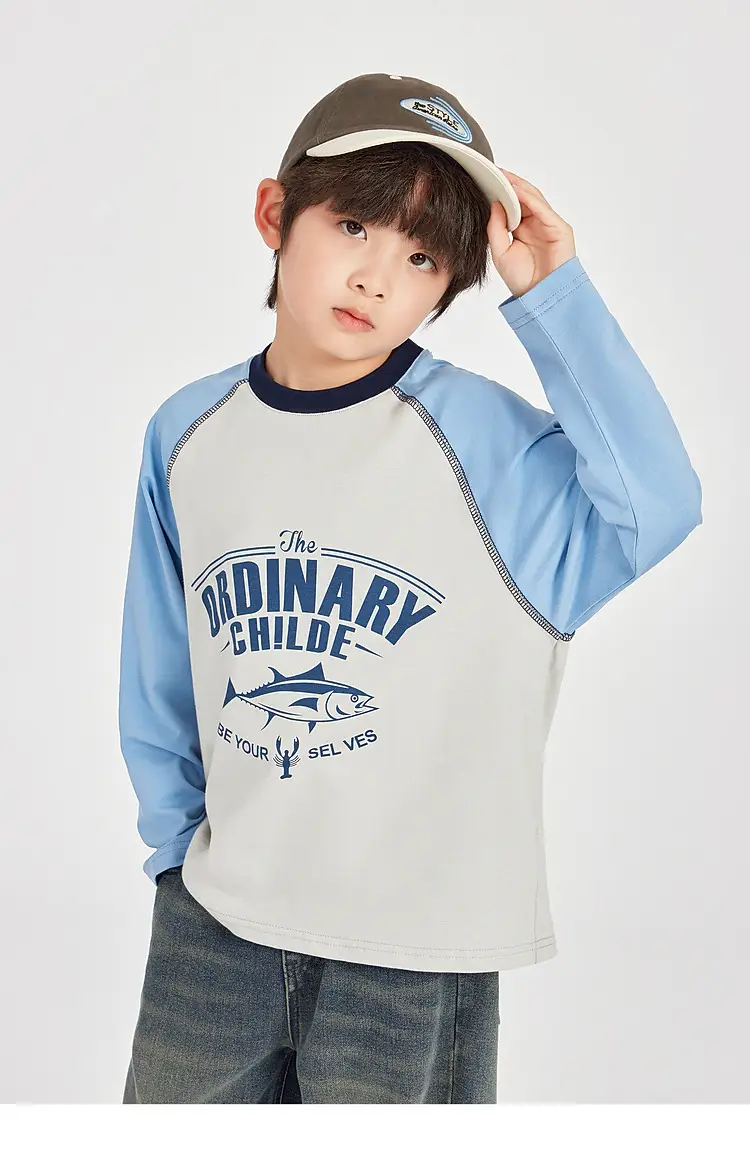 Duoduo Boys Long Sleeve Color Block T-Shirt Blue Grey — feature 32