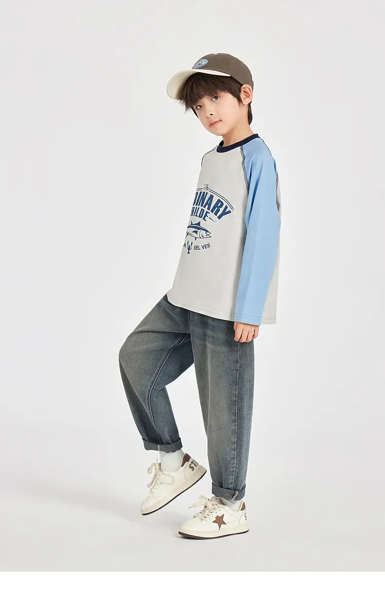 Duoduo Boys Long Sleeve Color Block T-Shirt Blue Grey — feature 33