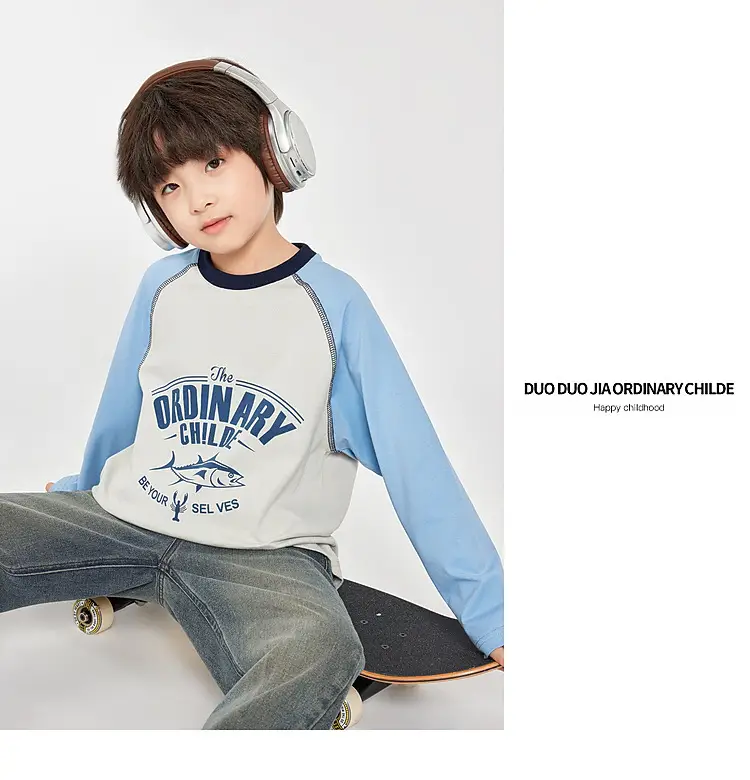 Duoduo Boys Long Sleeve Color Block T-Shirt Blue Grey — feature 34
