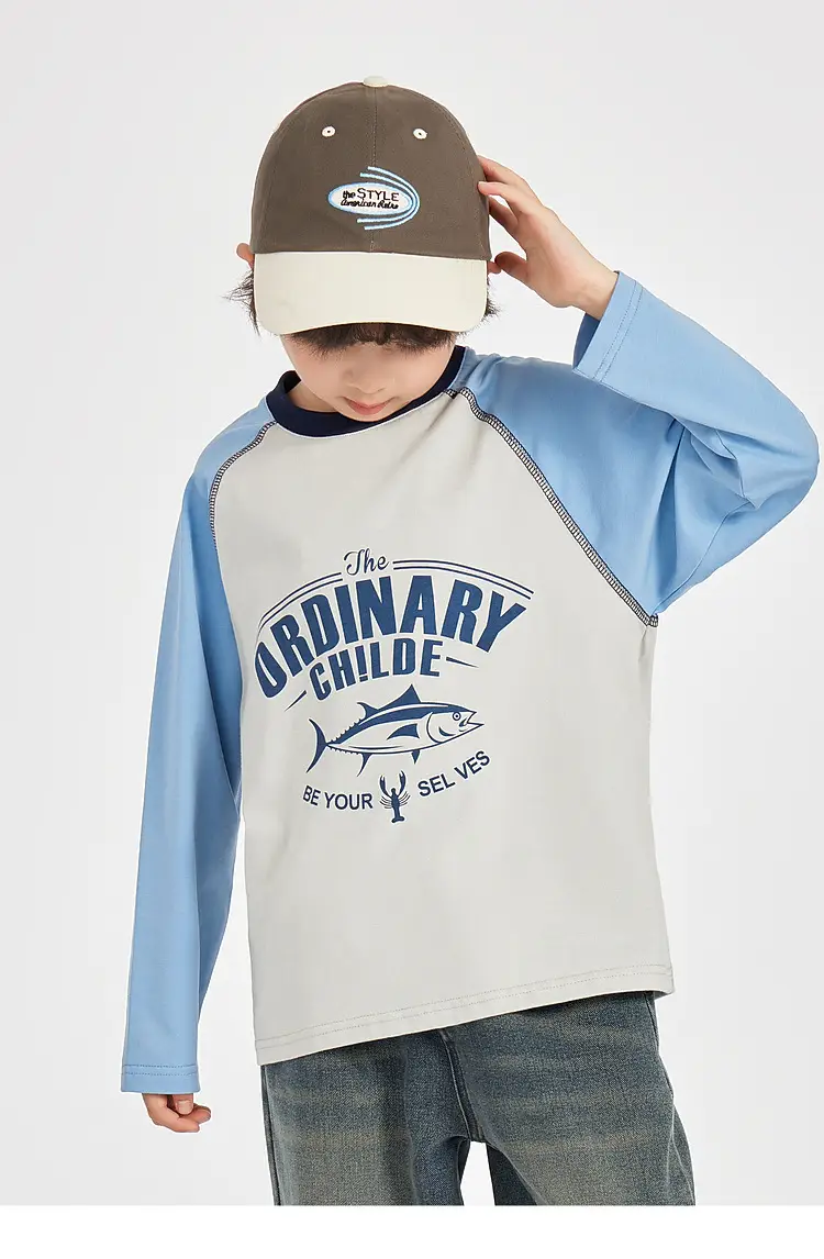 Duoduo Boys Long Sleeve Color Block T-Shirt Blue Grey — feature 35