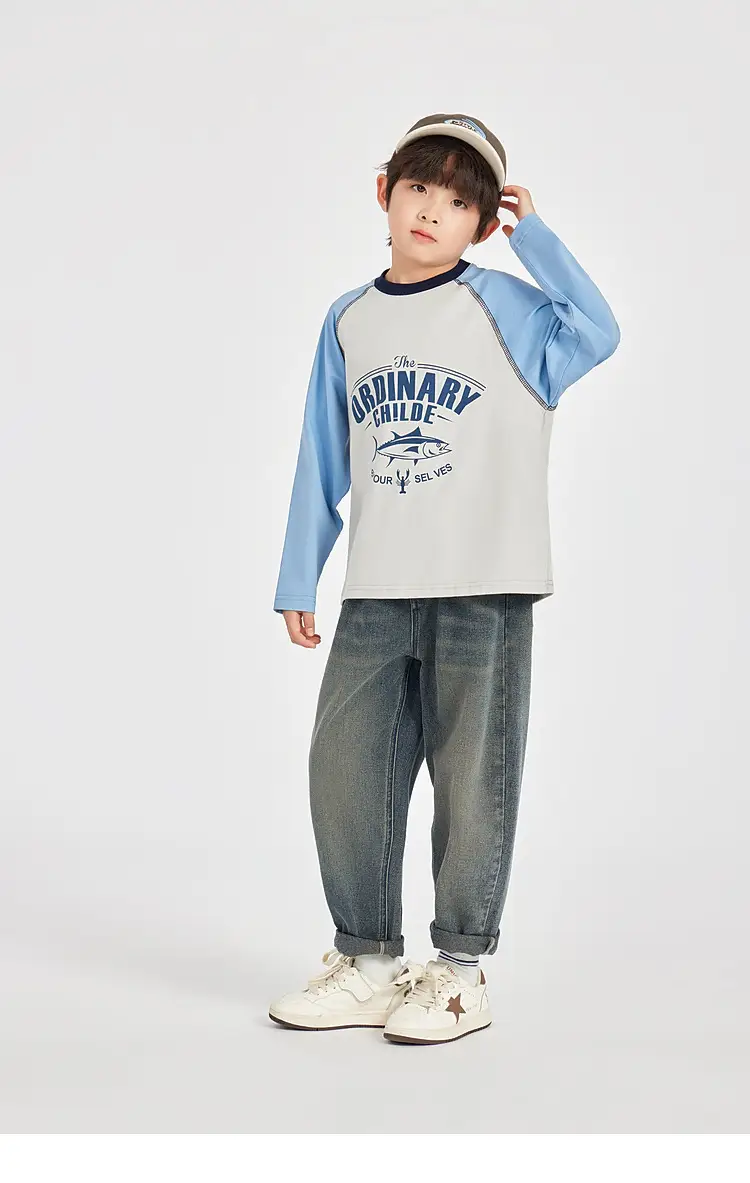 Duoduo Boys Long Sleeve Color Block T-Shirt Blue Grey — feature 41