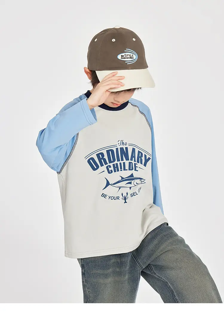 Duoduo Boys Long Sleeve Color Block T-Shirt Blue Grey — feature 42