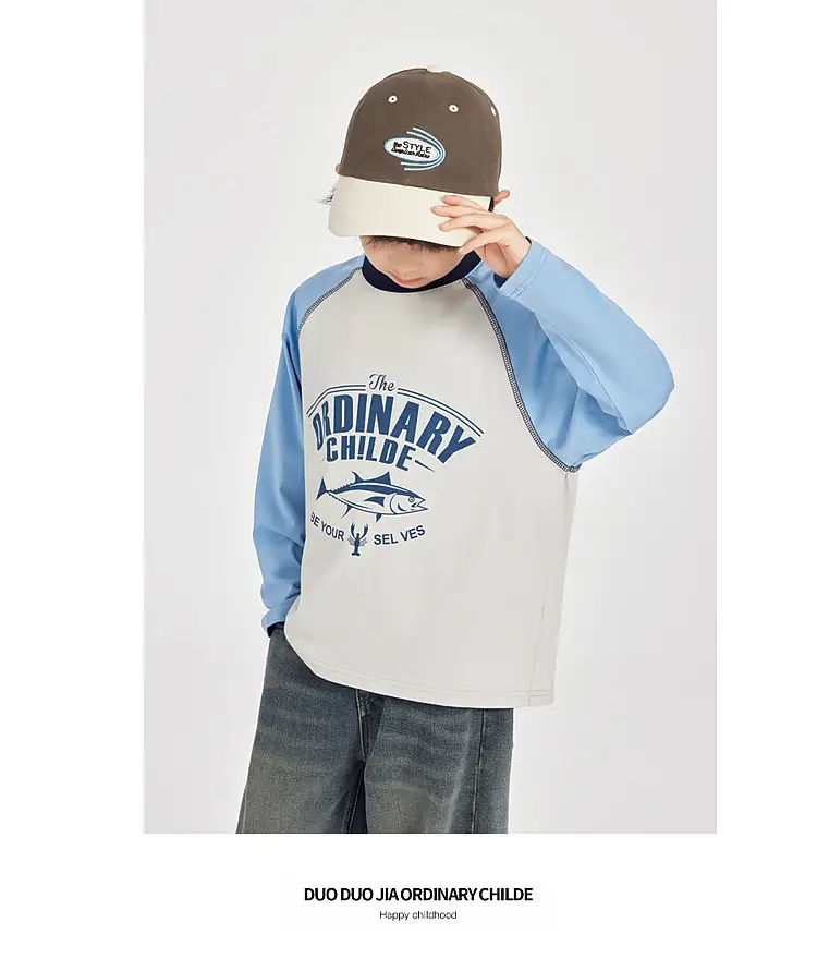 Duoduo Boys Long Sleeve Color Block T-Shirt Blue Grey — feature 43