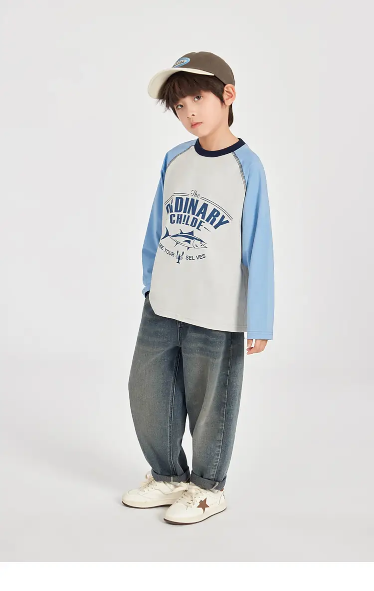 Duoduo Boys Long Sleeve Color Block T-Shirt Blue Grey — feature 44