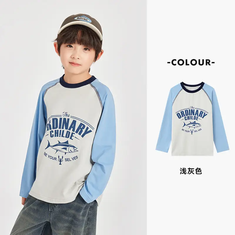 Duoduo Boys Long Sleeve Color Block T-Shirt Blue Grey
