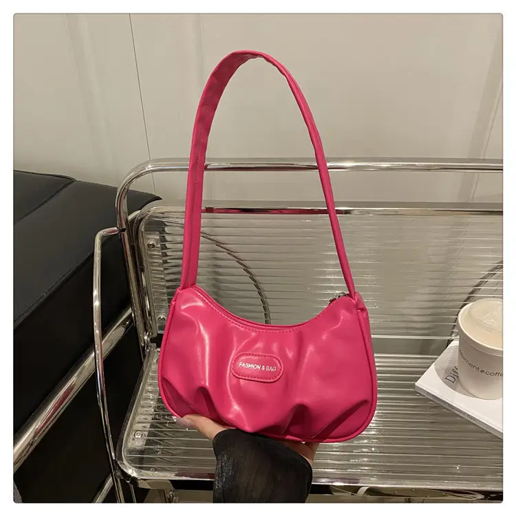 2025 Korean Fashion Pink One Shoulder French Cloud Pleated Hand Bag - Image 3