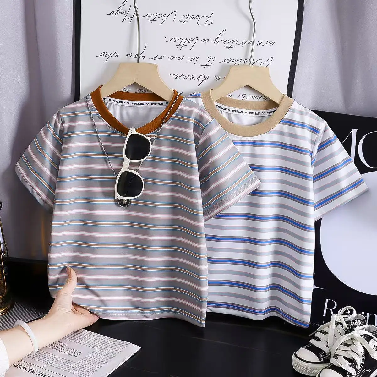 Children Striped T-Shirt Summer Retro Color - Image 4