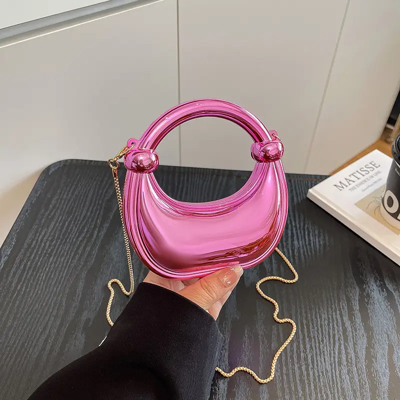 Pink Metallic Crescent Shoulder Bag for Women