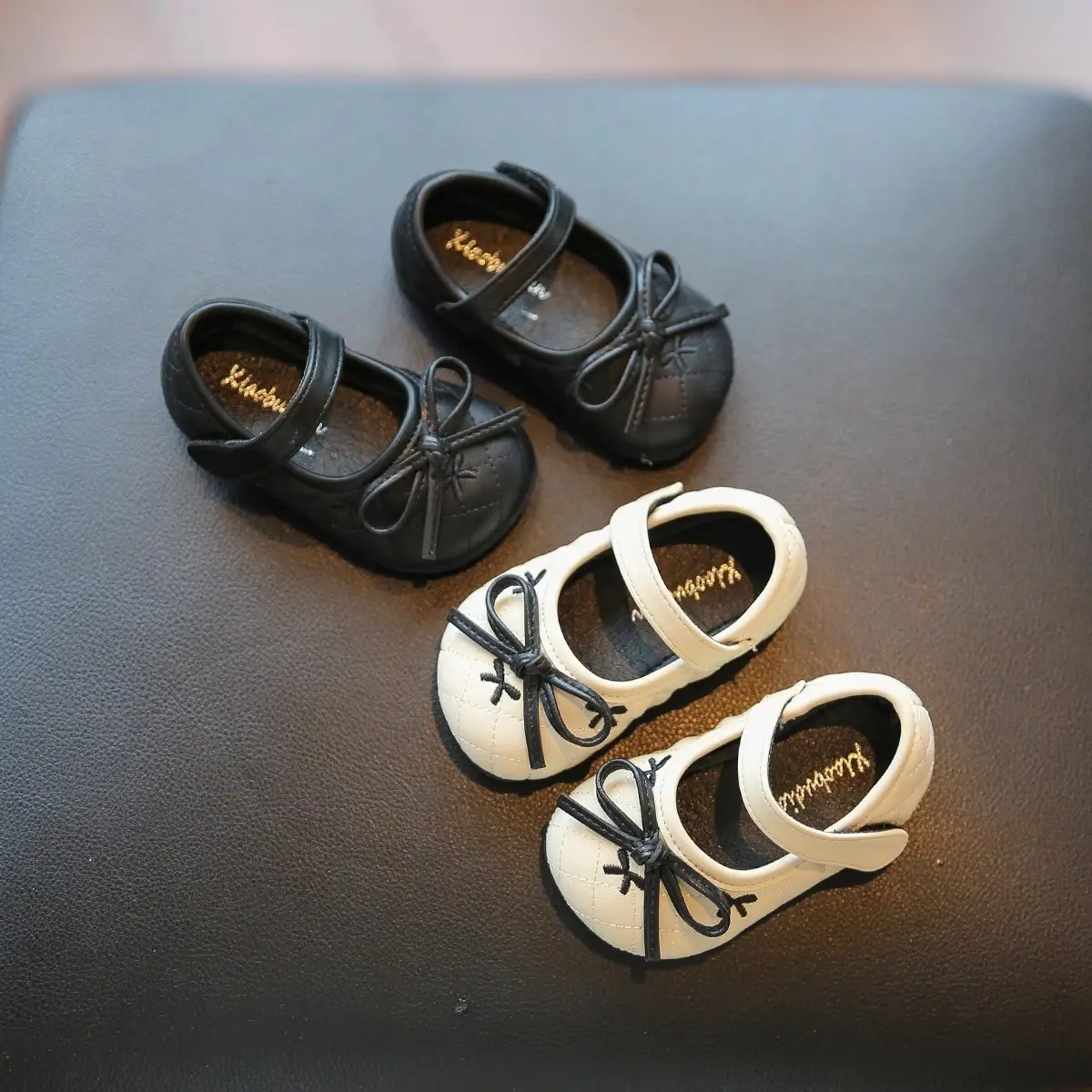 Baby Girl Bow Flat Shoes Black White Soft Sole