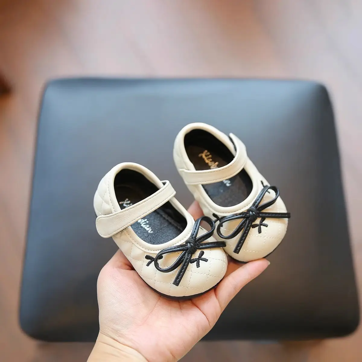 Baby Girl Bow Flat Shoes Black White Soft Sole