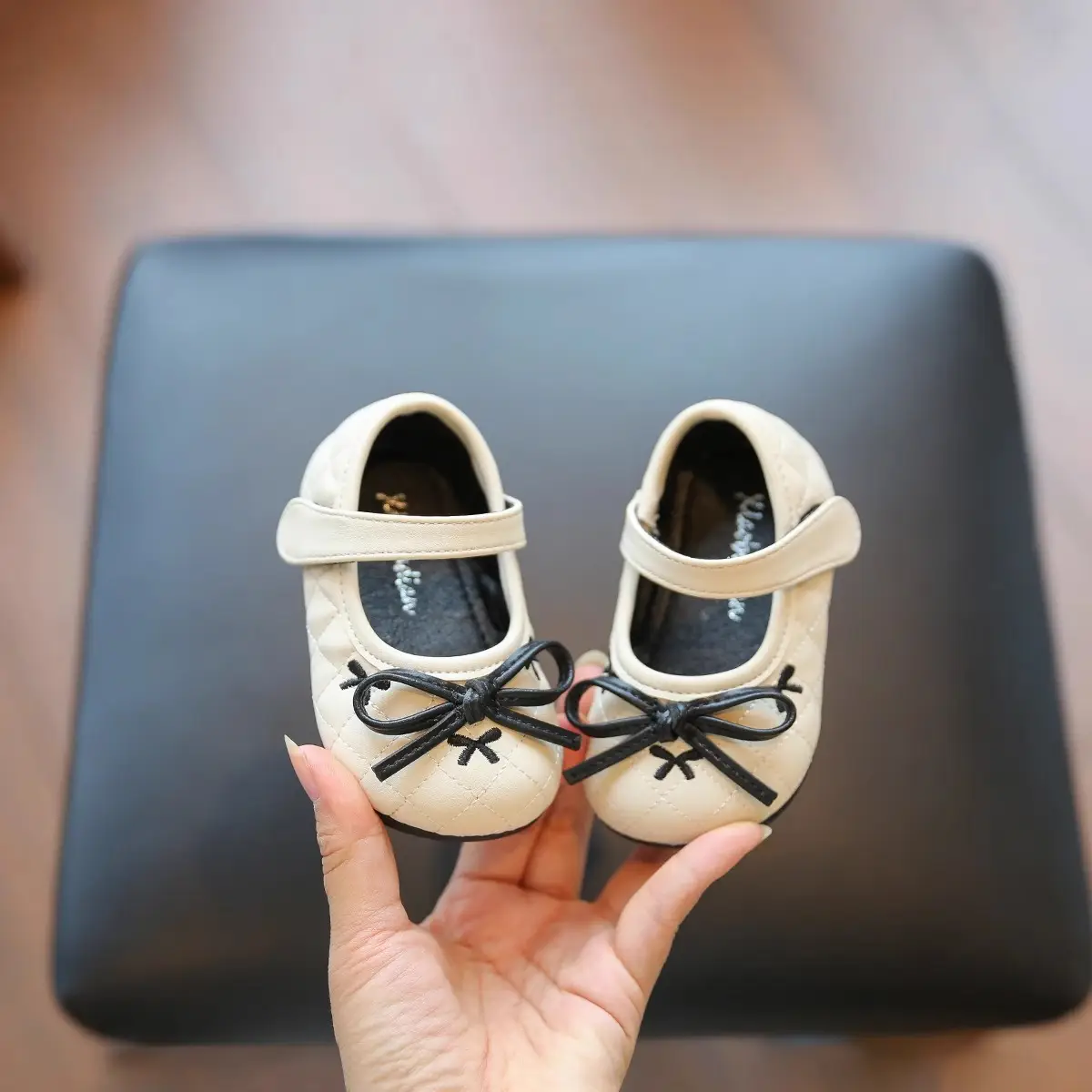 Baby Girl Bow Flat Shoes Black White Soft Sole