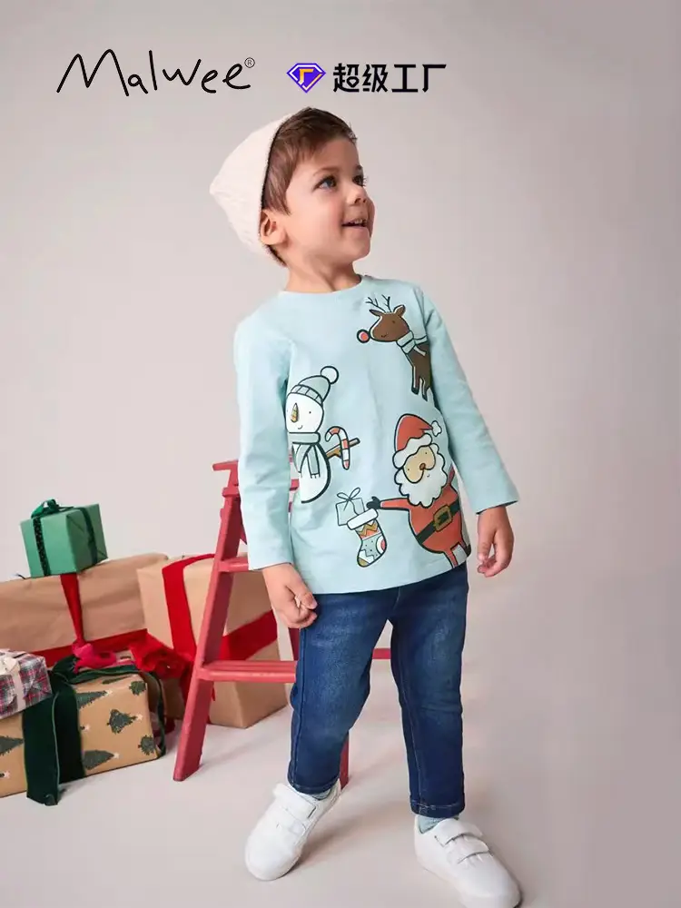 Malwee Boys Cotton Christmas T-Shirt Light Blue Round Neck Long Sleeve - Image 2