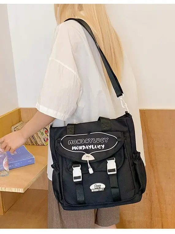 Black Preppy Satchel Crossbody Bag Large Capacity Student Tutoring Bag