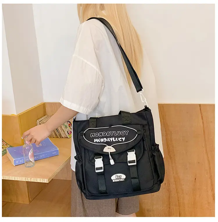 Black Preppy Satchel Crossbody Bag Large Capacity Student Tutoring Bag — feature 5