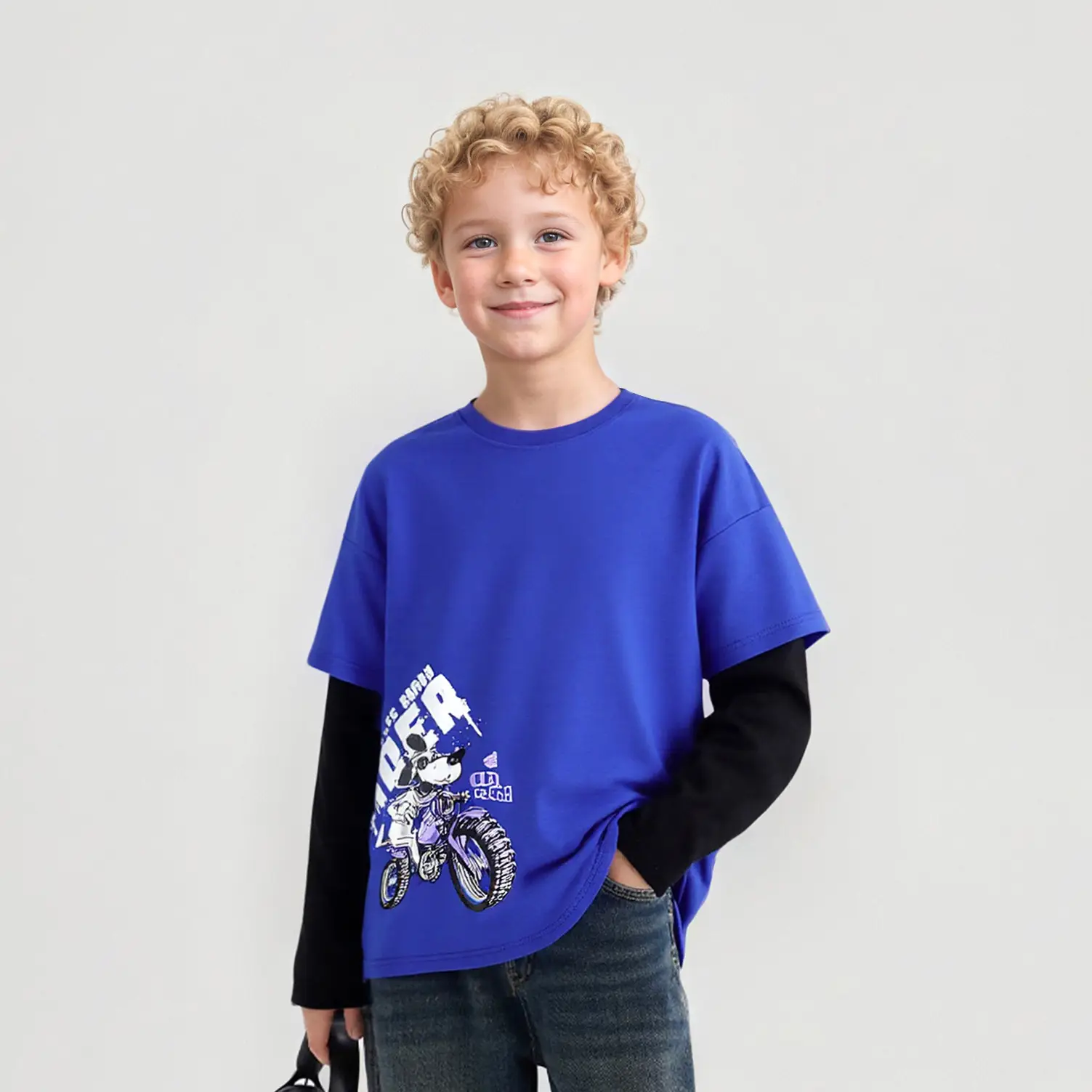 Blue Motorcycle Graphic Kids T-Shirt Long Sleeve - Image 3