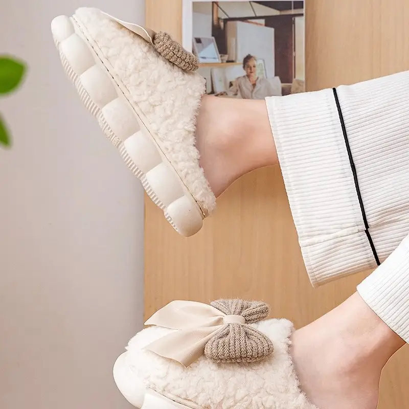 Thick-Soled Cotton Slippers with Sweet Bowknot for Women, 2026 New Autumn and Winter Indoor Warm Plush Cotton Slippers for Energetic Girls
