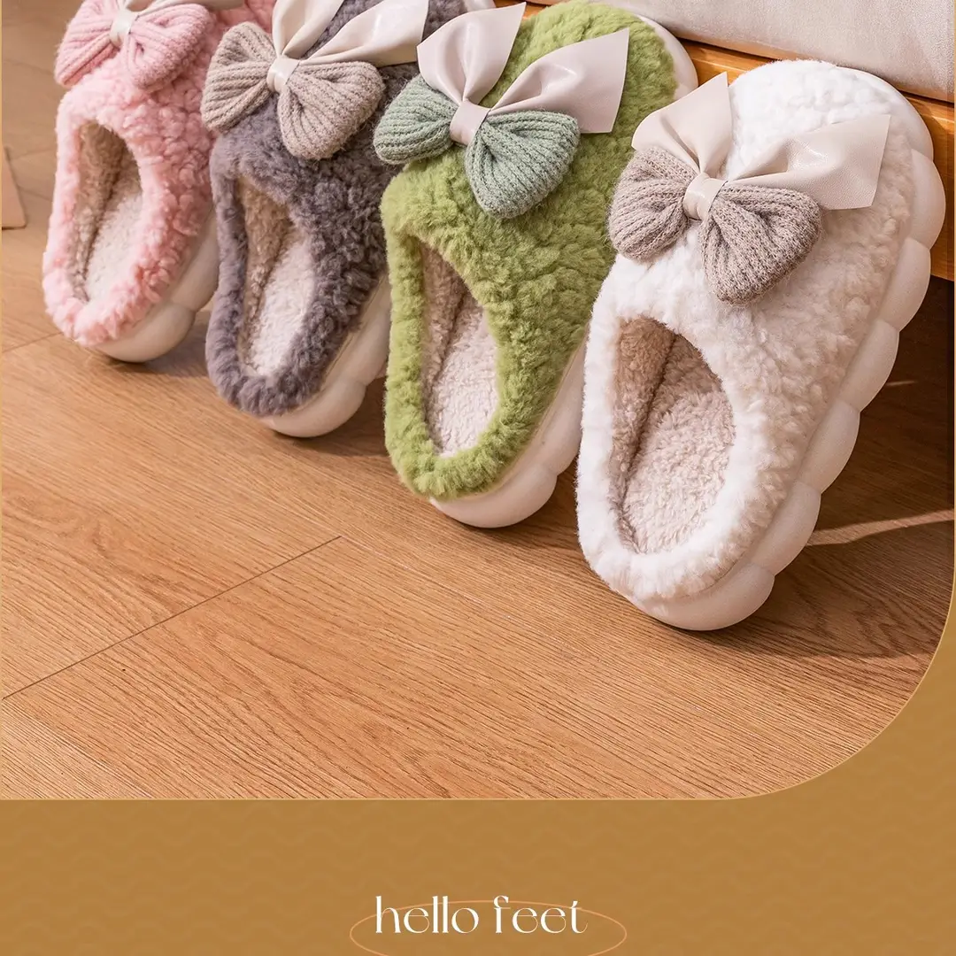 Thick-Soled Cotton Slippers with Sweet Bowknot for Women, 2026 New Autumn and Winter Indoor Warm Plush Cotton Slippers for Energetic Girls — feature 2