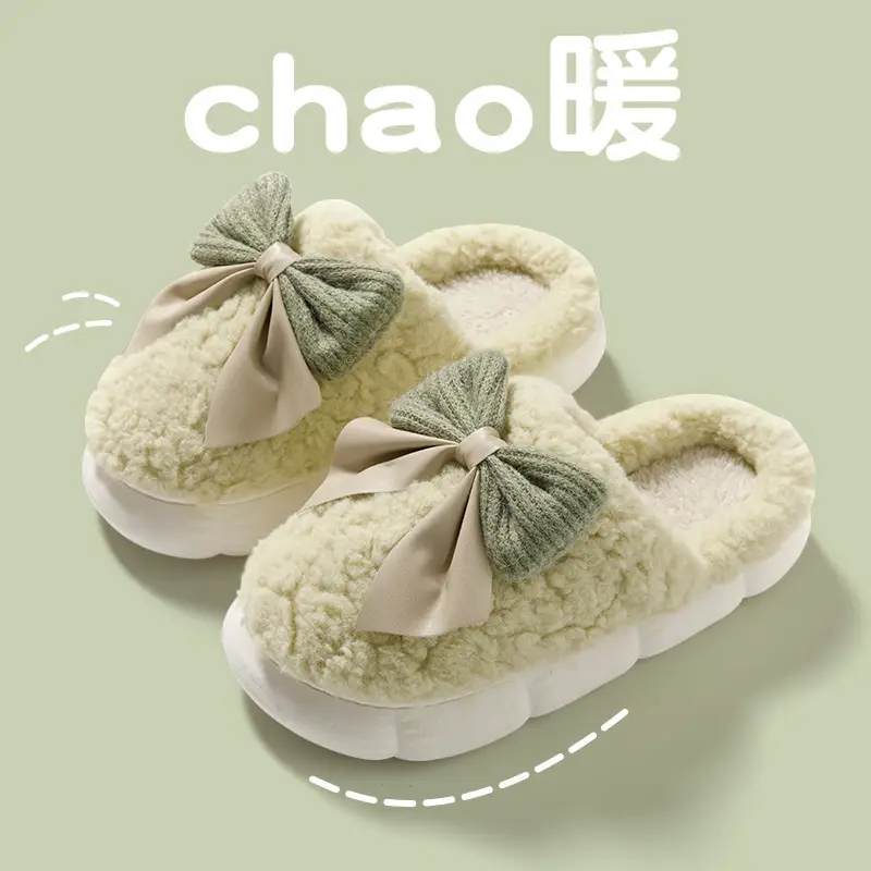 New Cotton Slippers for Women, Autumn and Winter Indoor Bow-Knot Warm Thick-Soled Home Plush Slippers for Women, Postpartum Winter