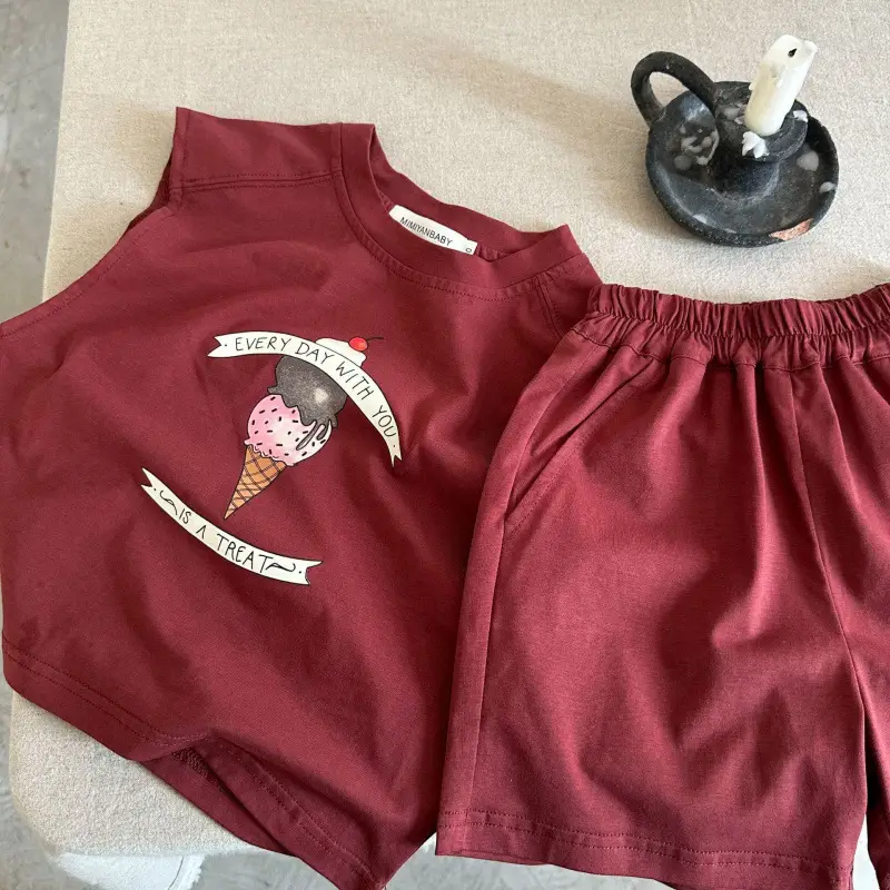 Boys Cotton Ice Cream T-Shirt Shorts Set Maroon 2025 - Image 4