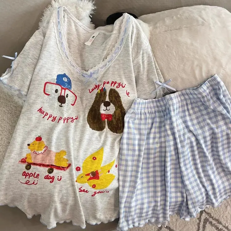 New Style Pajamas with Breast Pads, Cartoon Puppies, Women's Summer New Cute Short-Sleeved Shorts, Korean Style Loose Home Clothes