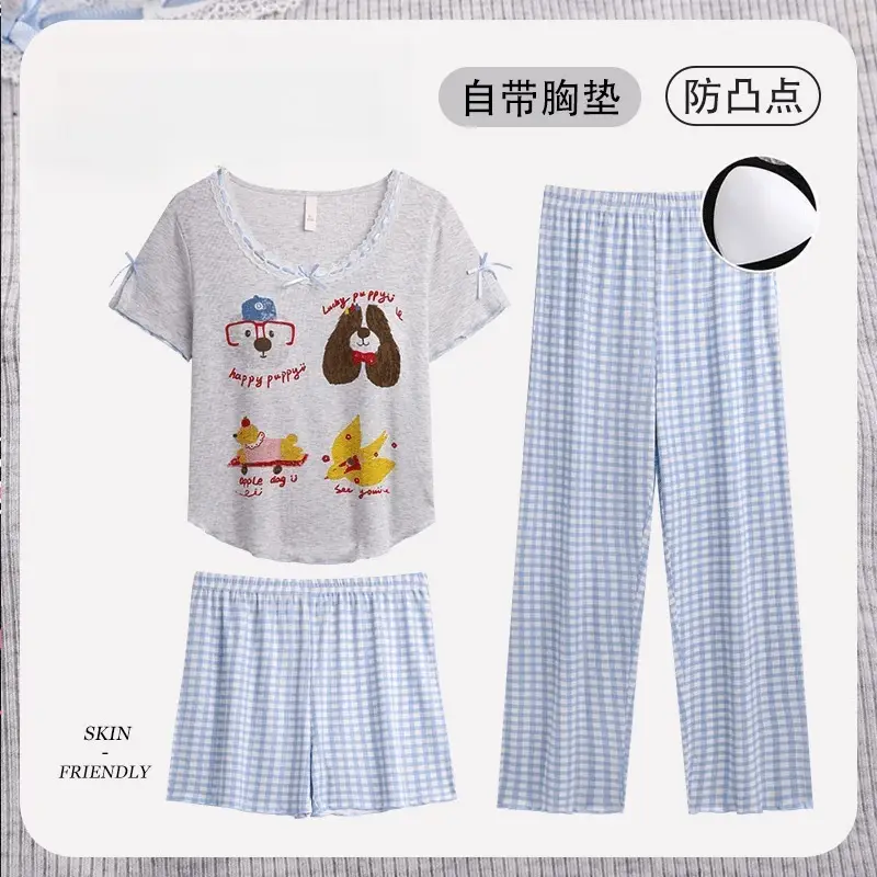 New Style Pajamas with Breast Pads, Cartoon Puppies, Women's Summer New Cute Short-Sleeved Shorts, Korean Style Loose Home Clothes