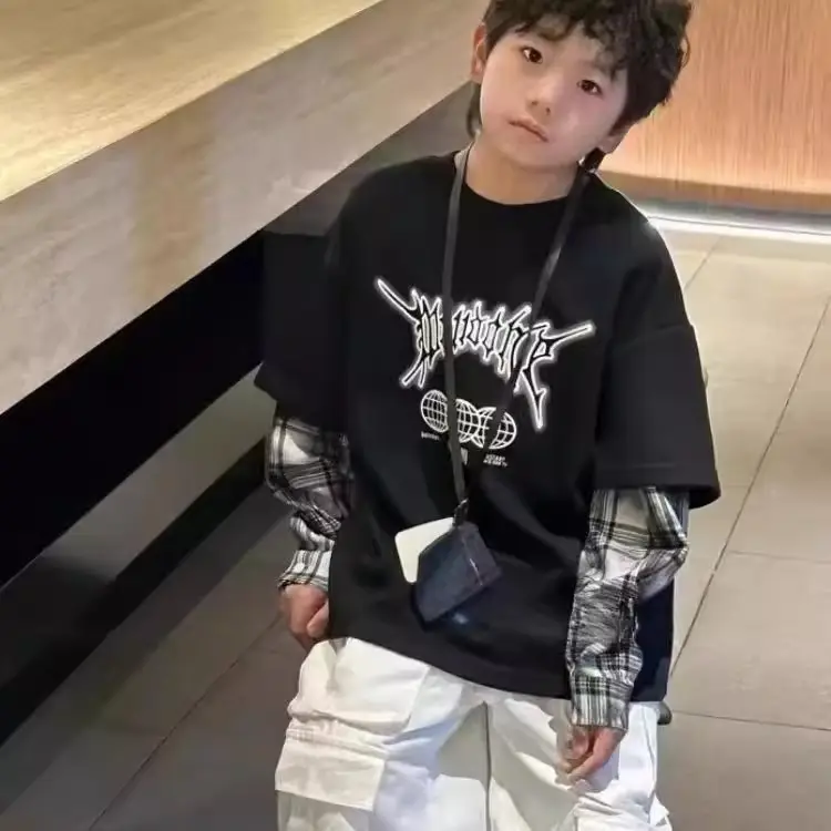 Boys Fake Two-Piece T-Shirts Grey 2025