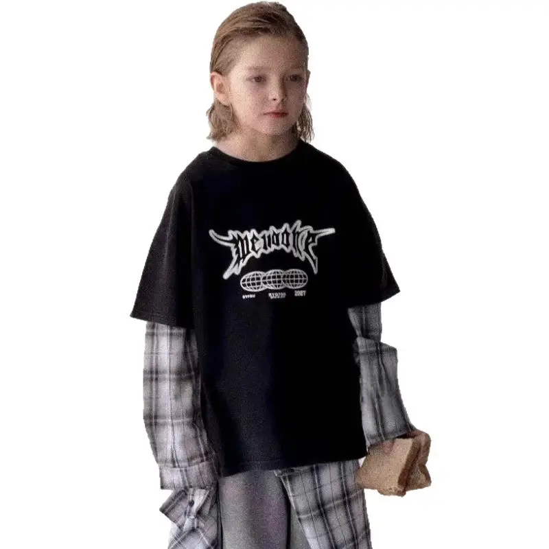 Boys Fake Two-Piece T-Shirts Grey 2025