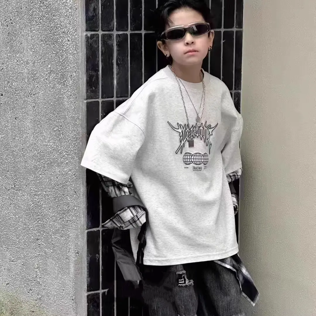 Boys Fake Two-Piece T-Shirts Grey 2025 — feature 5
