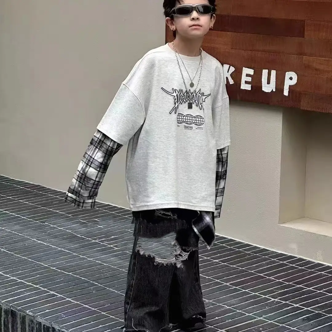 Boys Fake Two-Piece T-Shirts Grey 2025 — feature 6