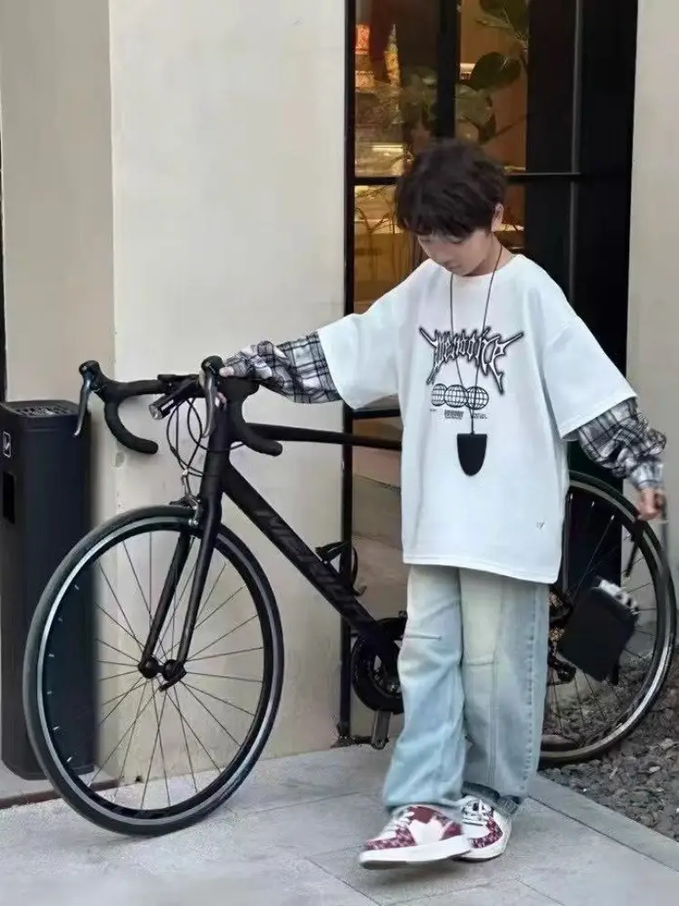 Boys Fake Two-Piece T-Shirts Grey 2025 — feature 8