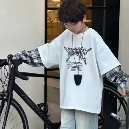 Boys Fake Two-Piece T-Shirts Grey 2025