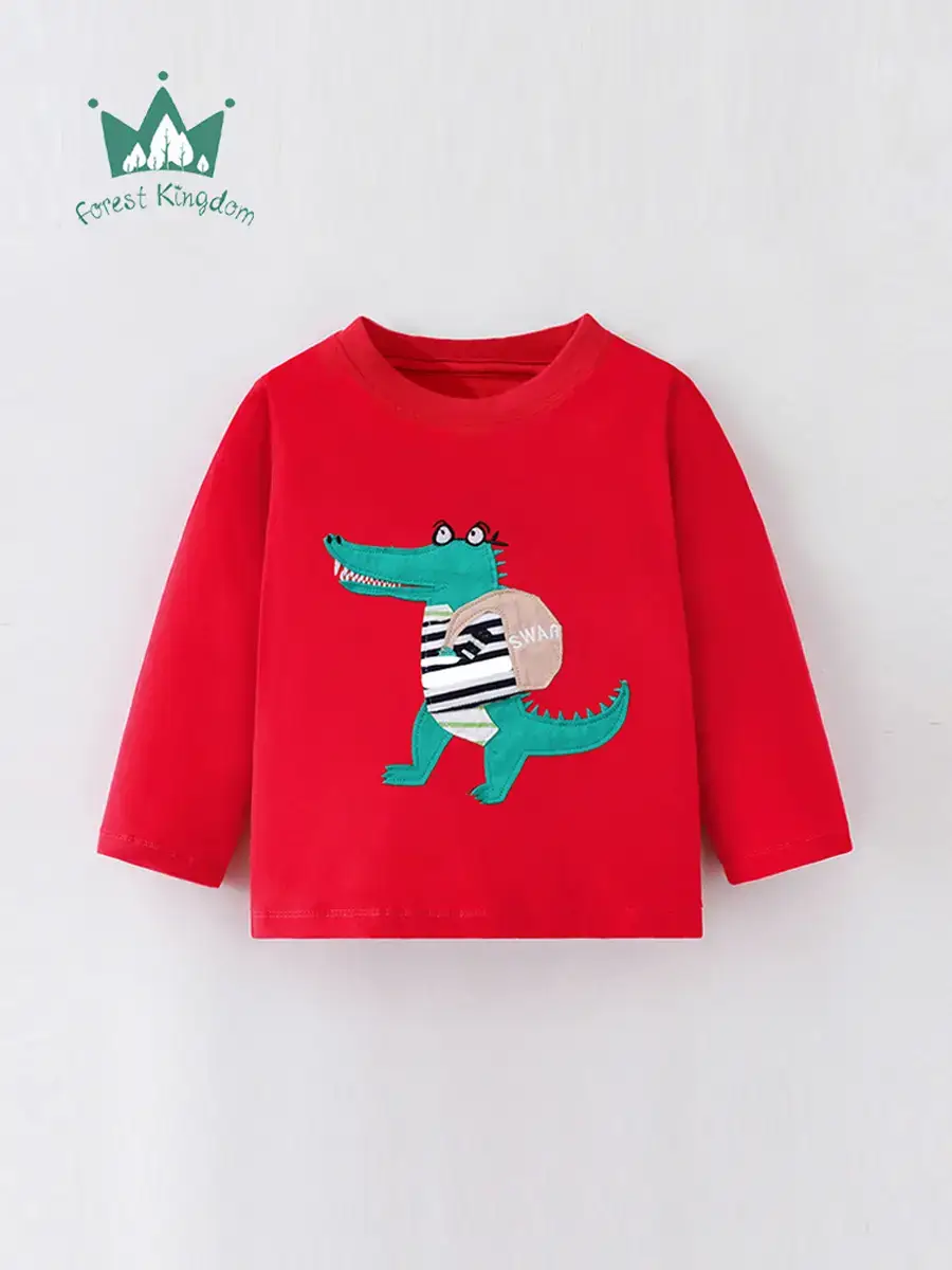 Red Cotton Kids T-Shirt with Cartoon Dinosaur Design - Image 2