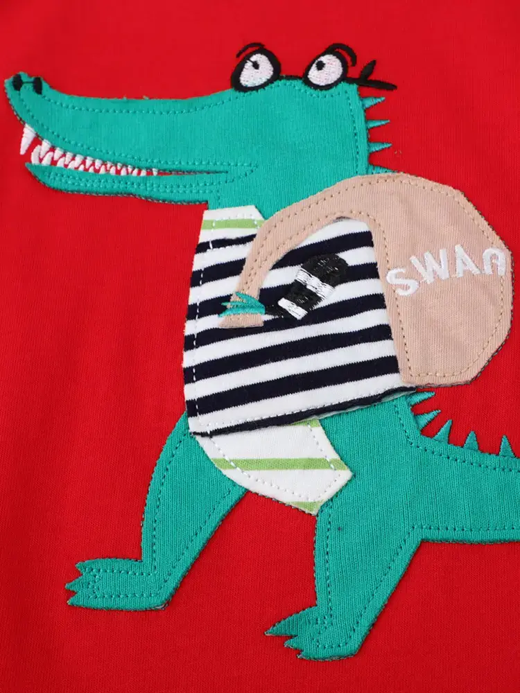 Red Cotton Kids T-Shirt with Cartoon Dinosaur Design - Image 4