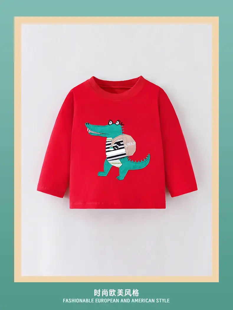 Red Cotton Kids T-Shirt with Cartoon Dinosaur Design — feature 2