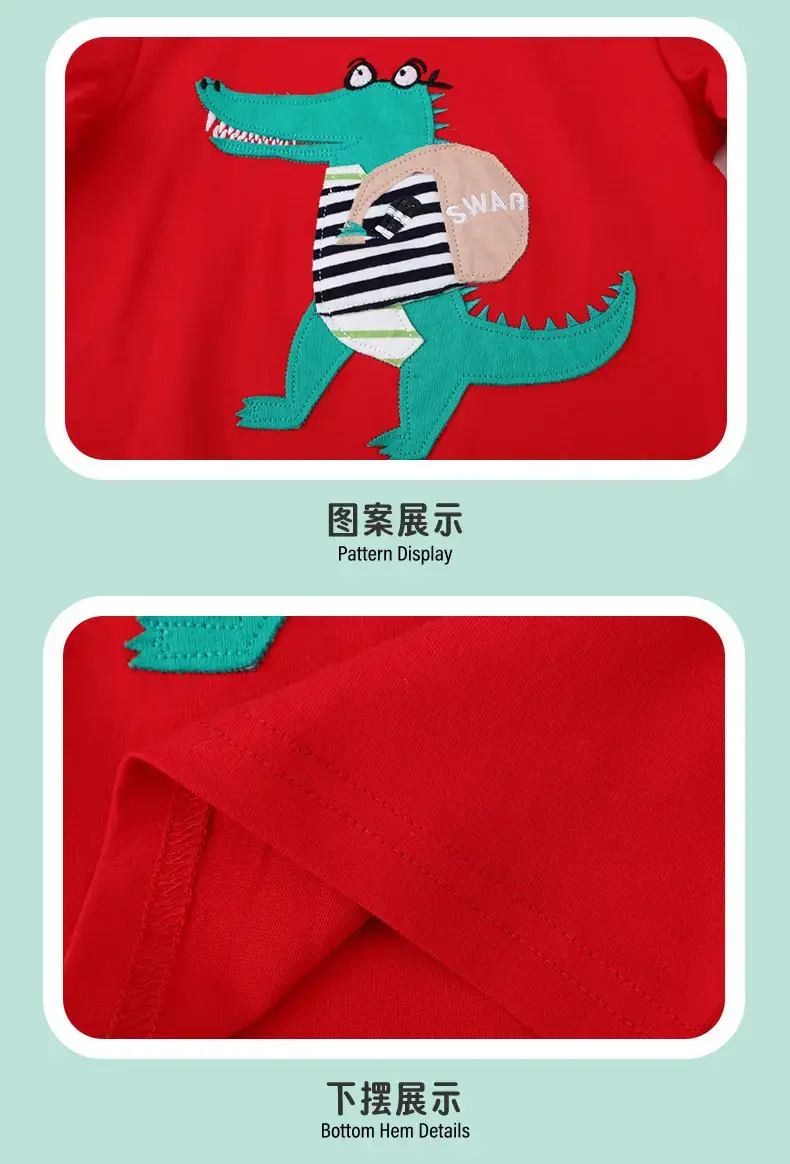 Red Cotton Kids T-Shirt with Cartoon Dinosaur Design — feature 8