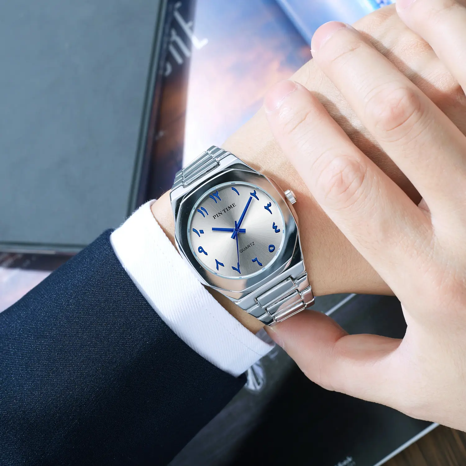 Men's Arabic Quartz Watch Stainless Steel Blue Dial