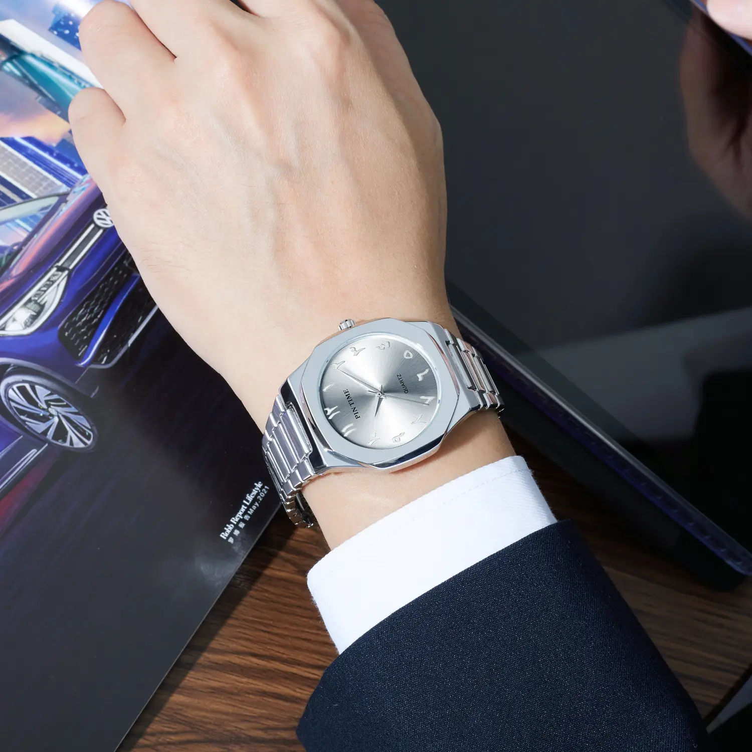 Men's Arabic Quartz Watch Stainless Steel Blue Dial