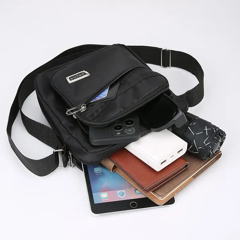 Black Nylon Crossbody Bag with 6 Zippers - Image 12