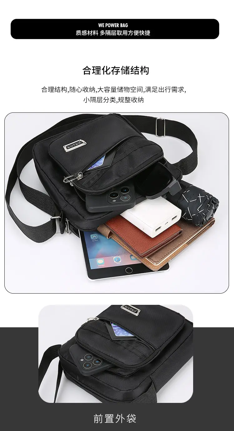 Black Nylon Crossbody Bag with 6 Zippers — feature 5
