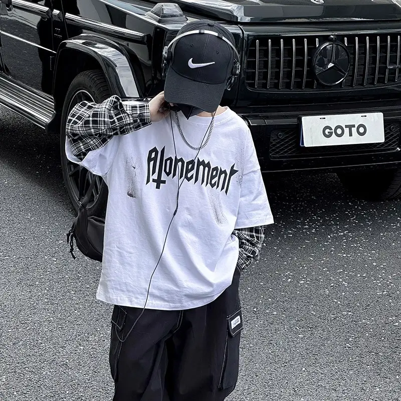 Kids White Hip-Hop T-Shirt Boys Spring Fall Cool Top