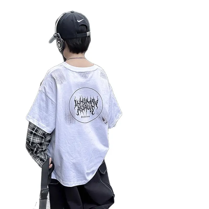 Kids White Hip-Hop T-Shirt Boys Spring Fall Cool Top