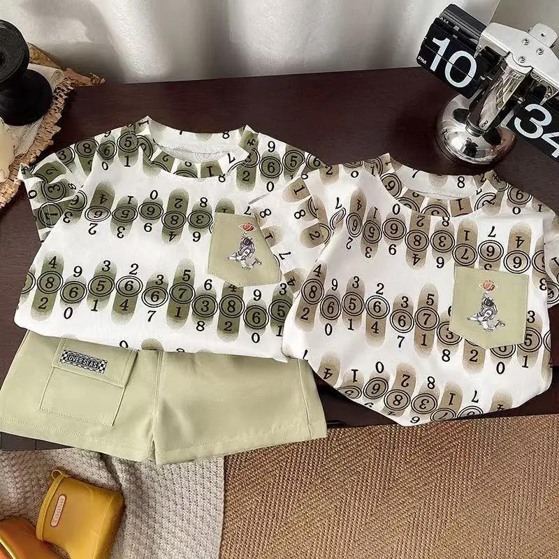 Boys 2025 Printed T-Shirt Suit White Green Short Sleeve - Image 3
