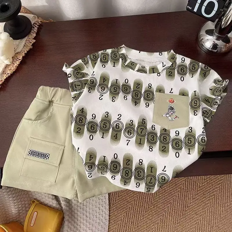 Boys 2025 Printed T-Shirt Suit White Green Short Sleeve - Image 4