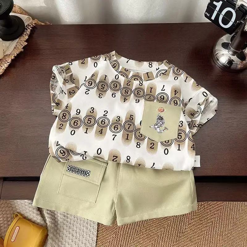 Boys 2025 Printed T-Shirt Suit White Green Short Sleeve - Image 5
