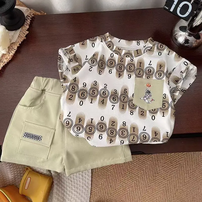 Boys 2025 Printed T-Shirt Suit White Green Short Sleeve - Image 2