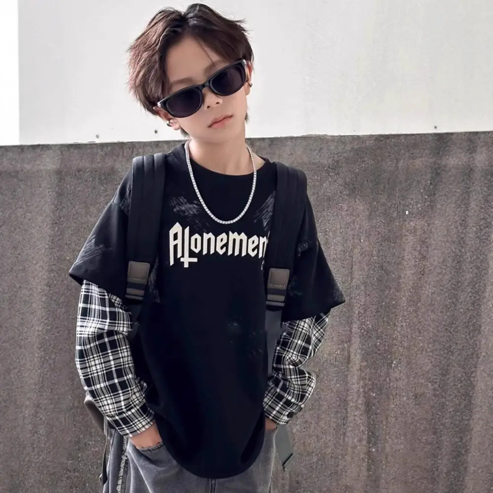 Boys Plaid T-Shirt Romneet Medium Large Black - Image 3
