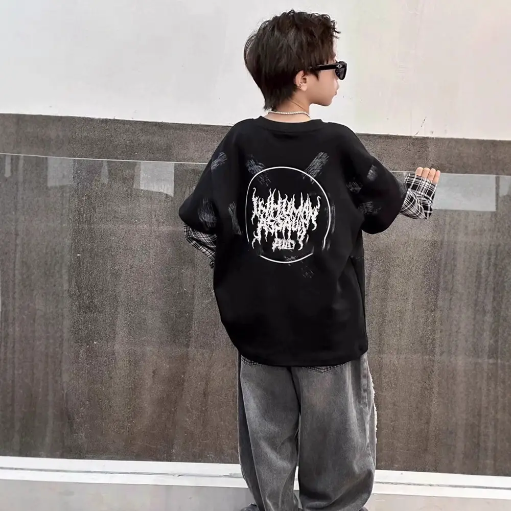 Boys Plaid T-Shirt Romneet Medium Large Black - Image 4