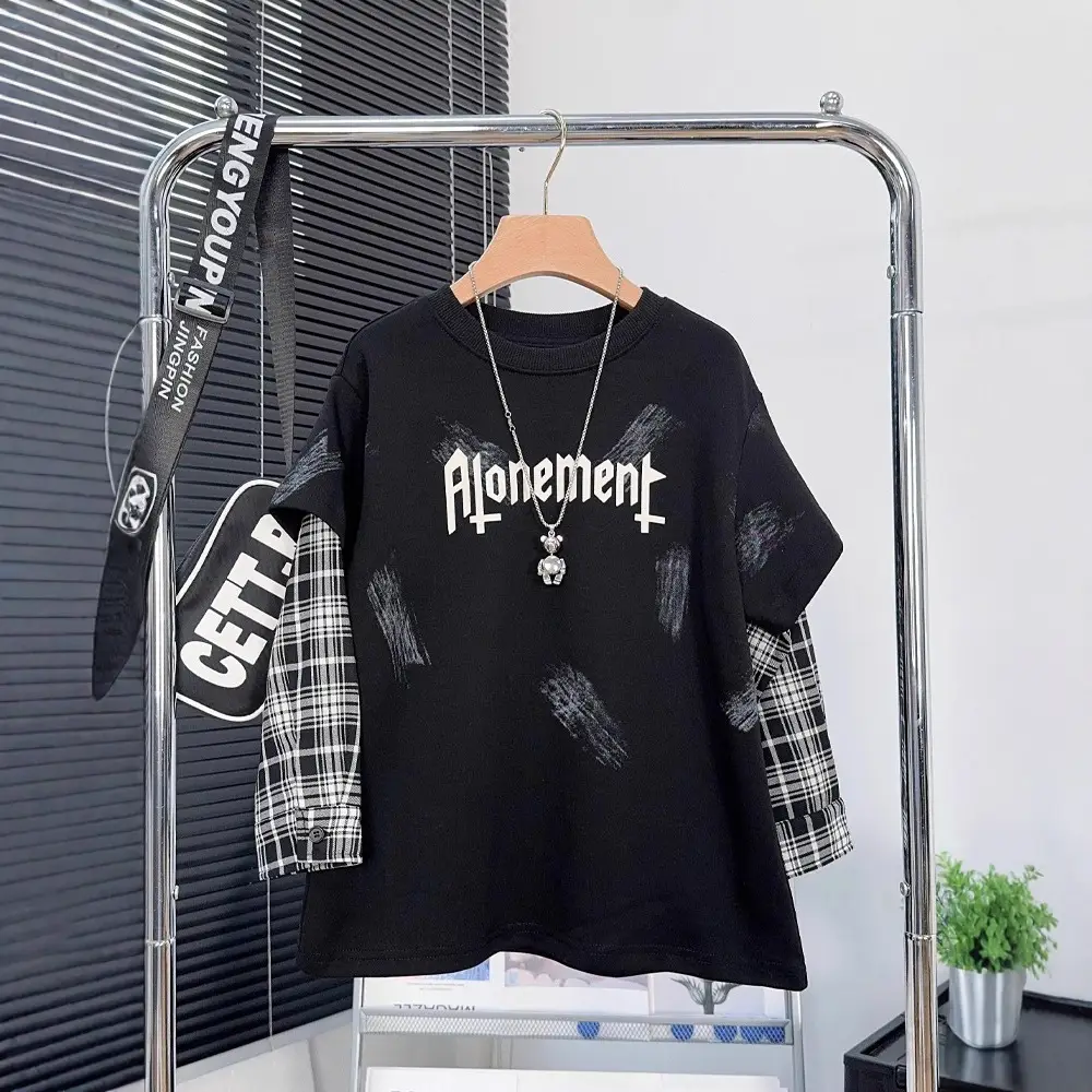 Boys Plaid T-Shirt Romneet Medium Large Black - Image 5