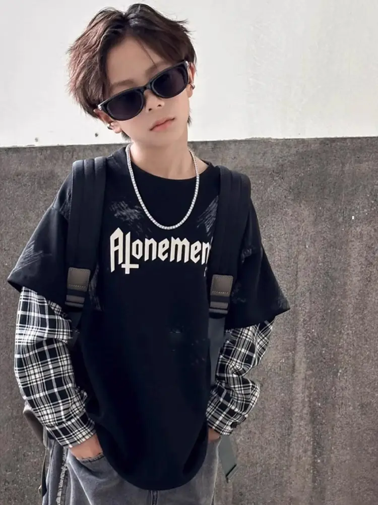 Boys Plaid T-Shirt Romneet Medium Large Black — feature 14