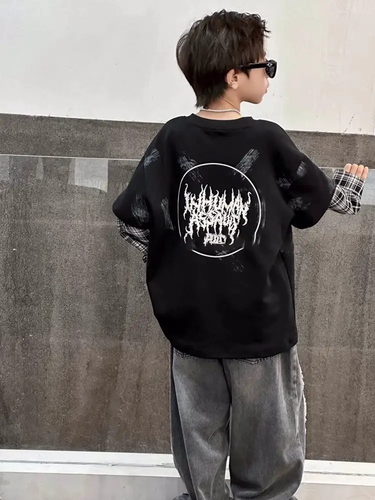Boys Plaid T-Shirt Romneet Medium Large Black — feature 15